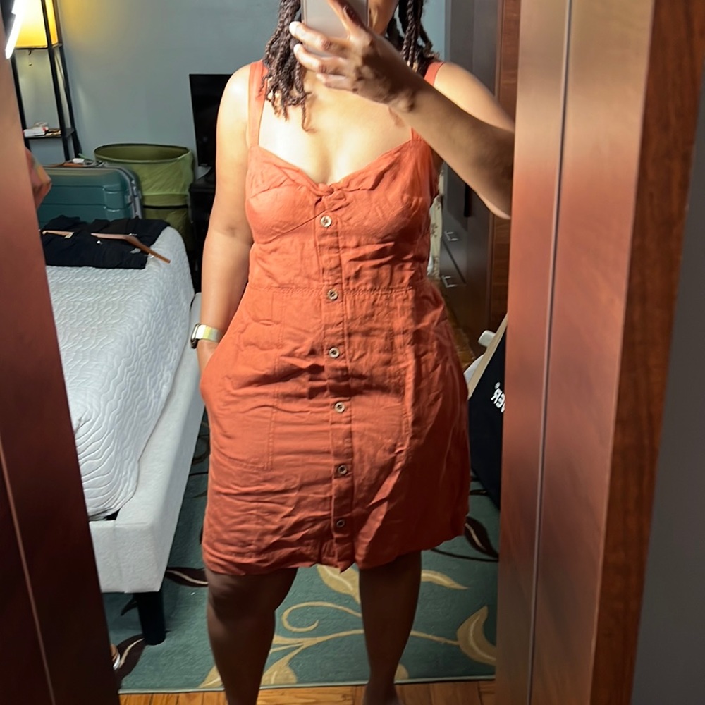 Anthropologie Brown linen Blend tie back Strap Mini Dress